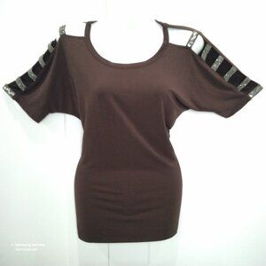 A Love Story Chocolate Brown Beaded Cold Shoulder Scoop Neck Stretch Top New S
